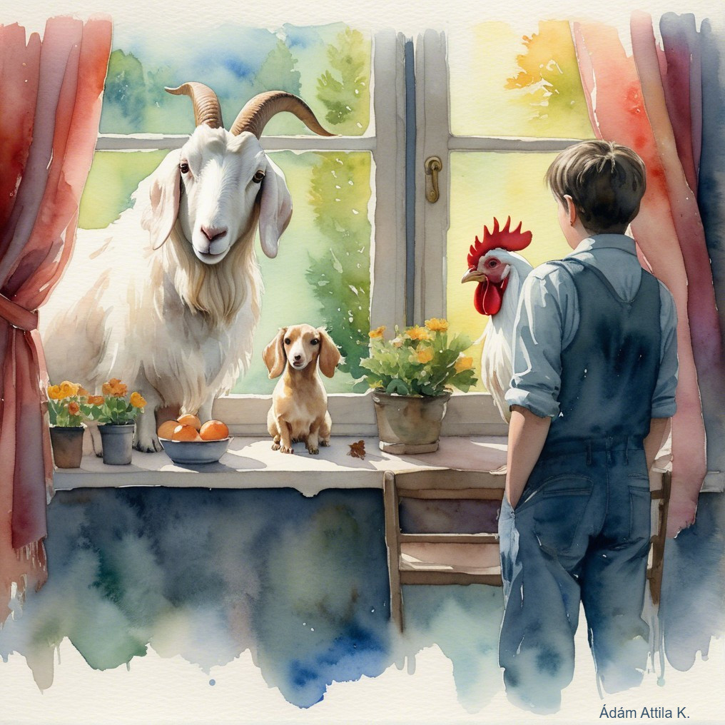 Boy by Sunlit Window with Goat, Rooster, and Dog