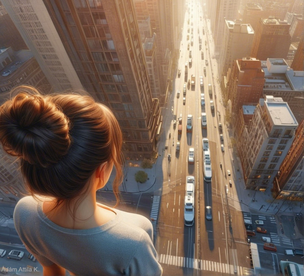 Woman gazing over a bustling cityscape at sunset