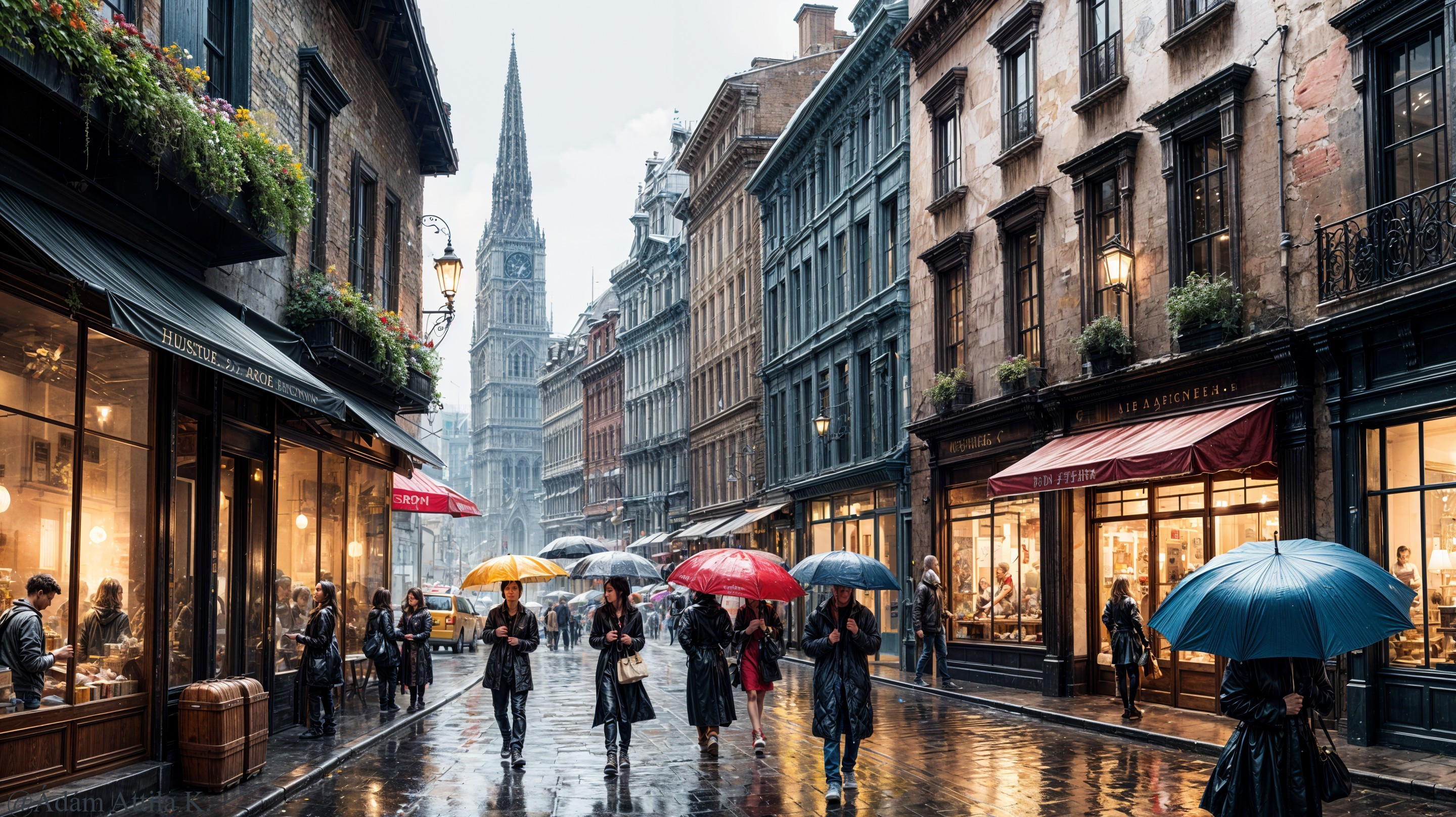 Cobblestone Street Scene with Umbrellas and Historic Architecture