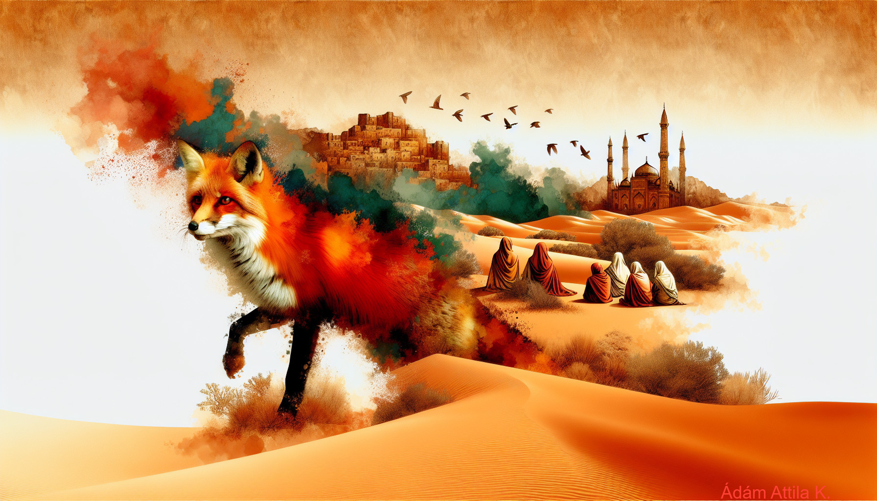 Vibrant fox illustration in golden desert landscape