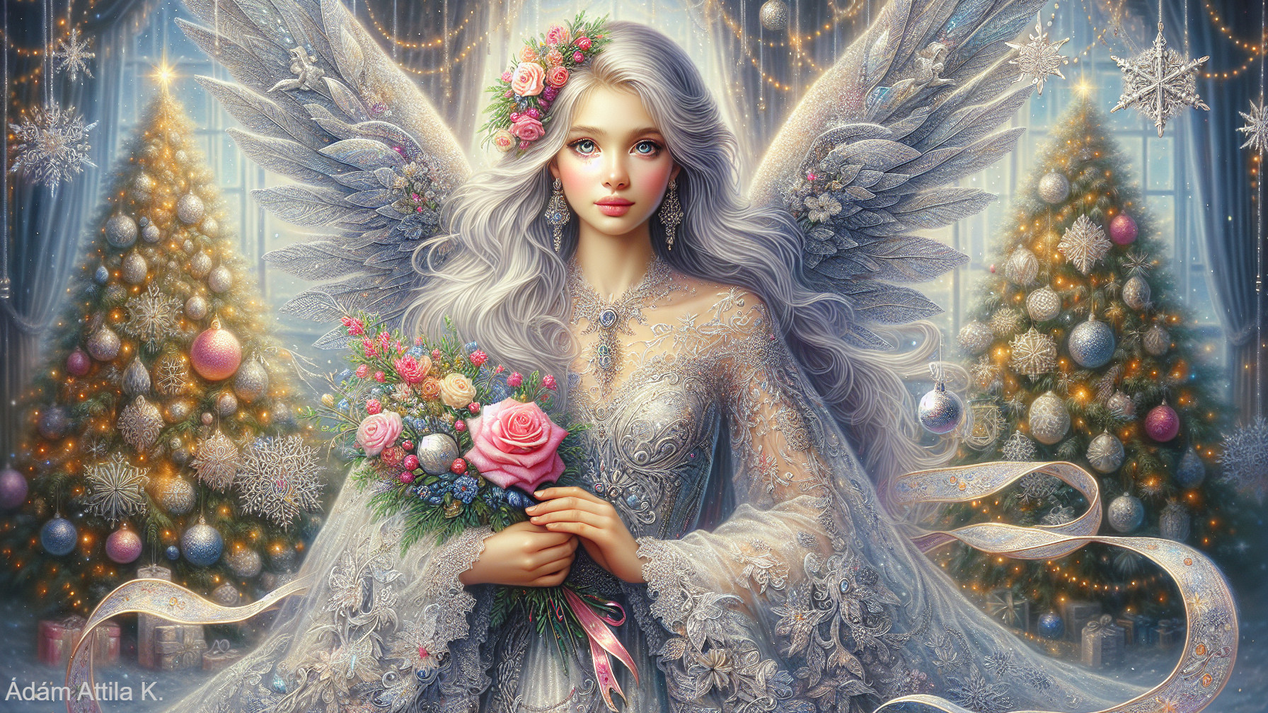 Ethereal Woman with Silver Hair and Christmas Decor