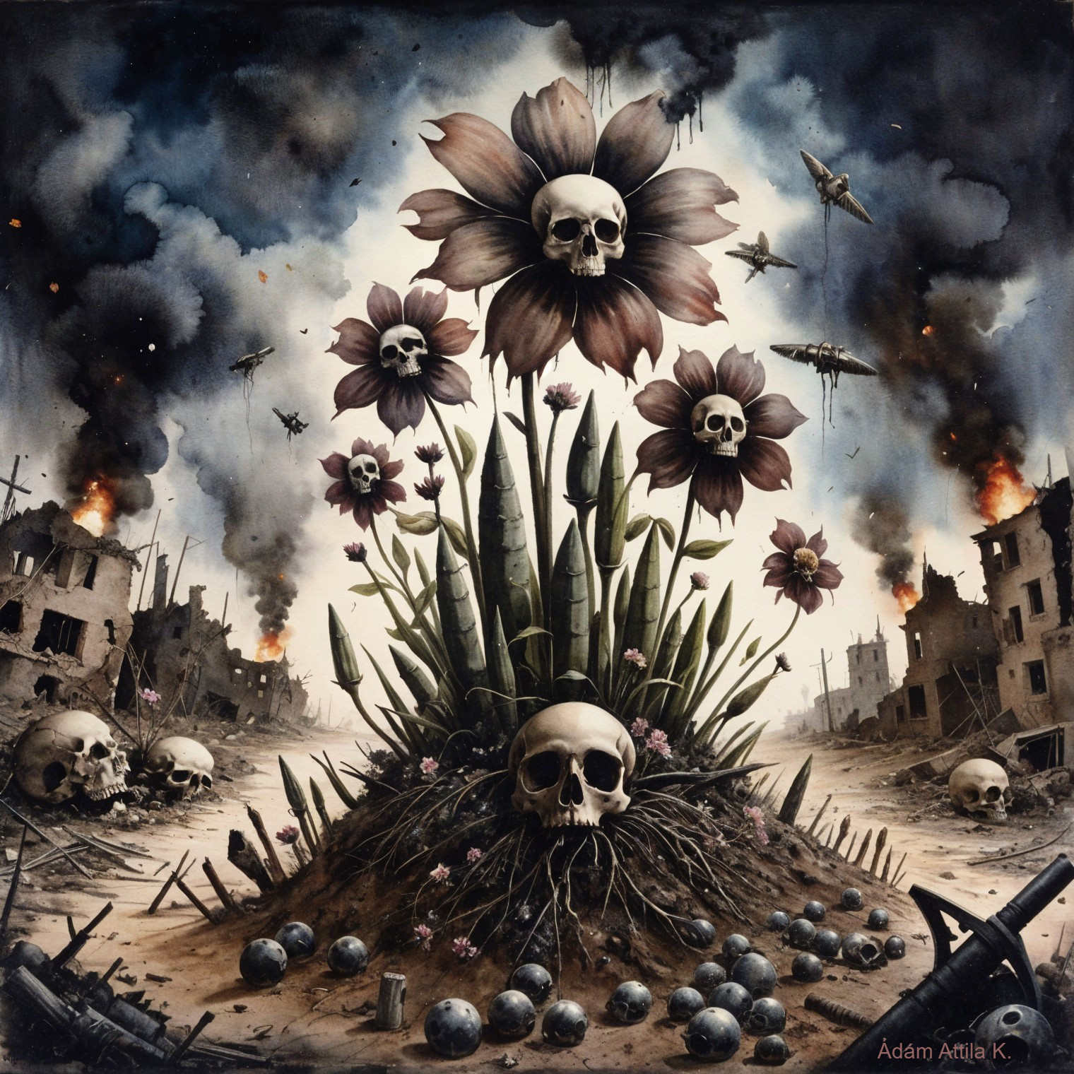 Surreal Landscape of Flowers and Skulls in War Ruins