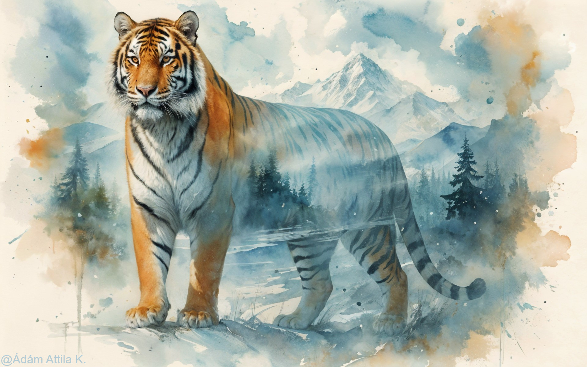 Majestic tiger with watercolor mountain backdrop