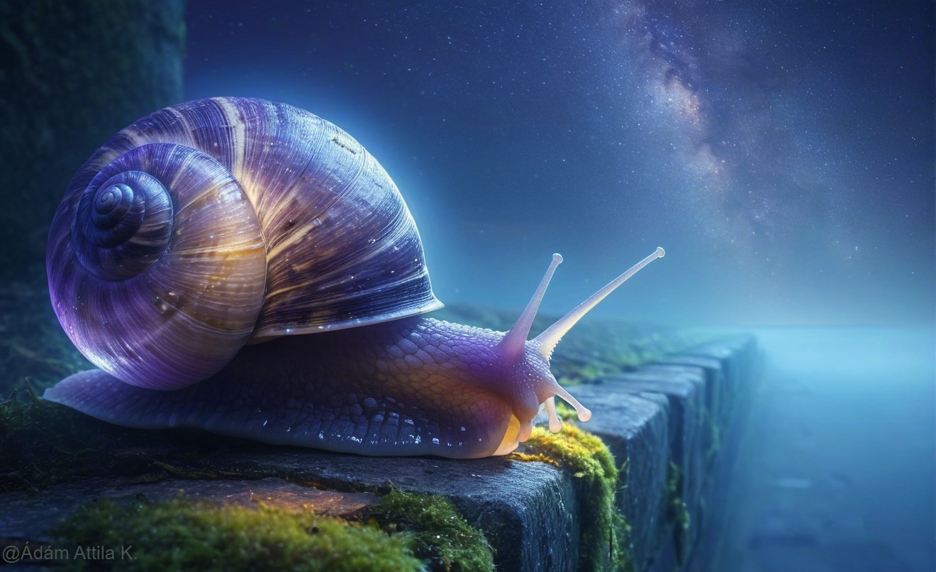Detailed Snail on Mossy Stone Under Starry Sky
