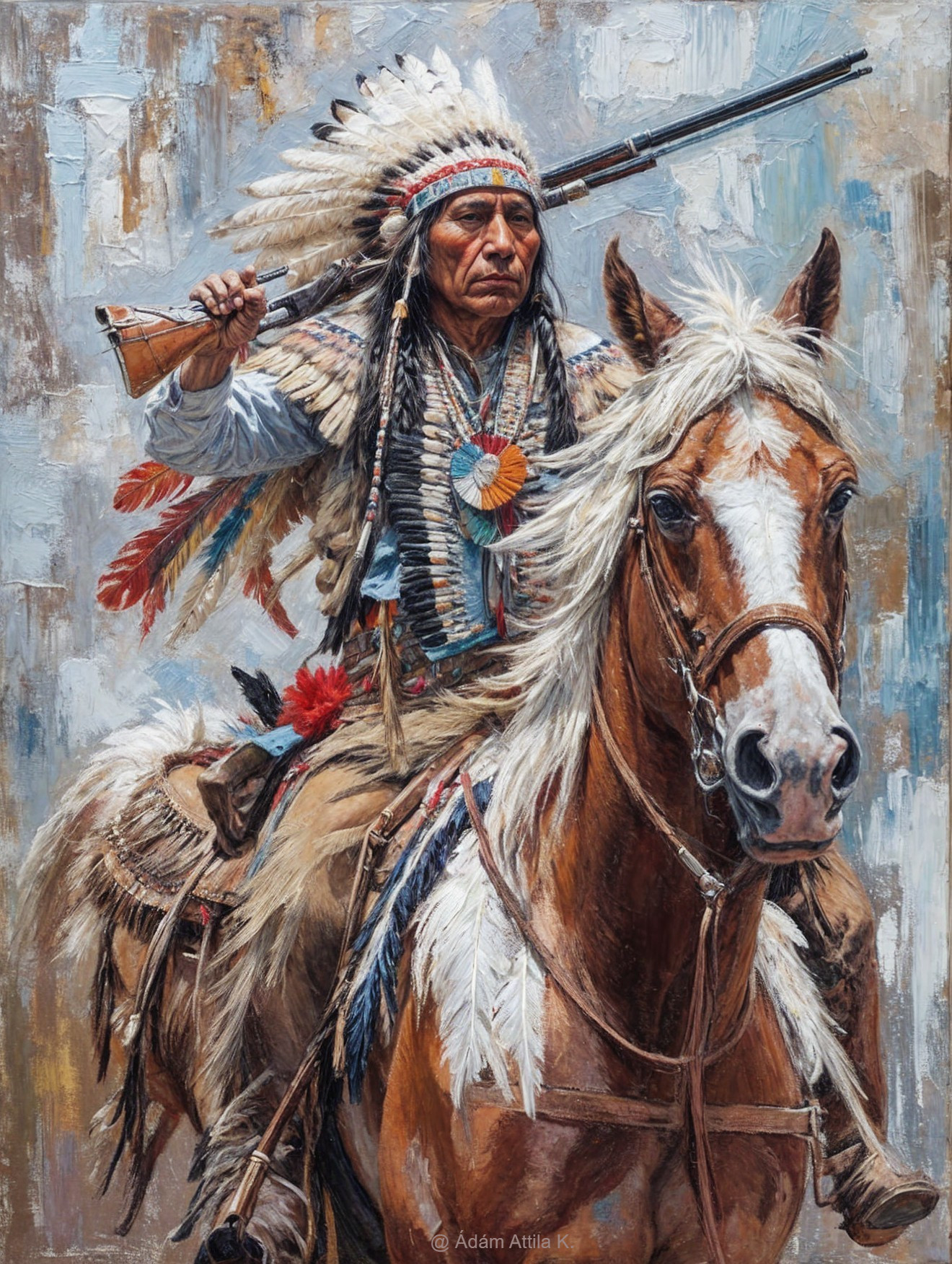 Native American Chief on Horse with Feathered Headdress