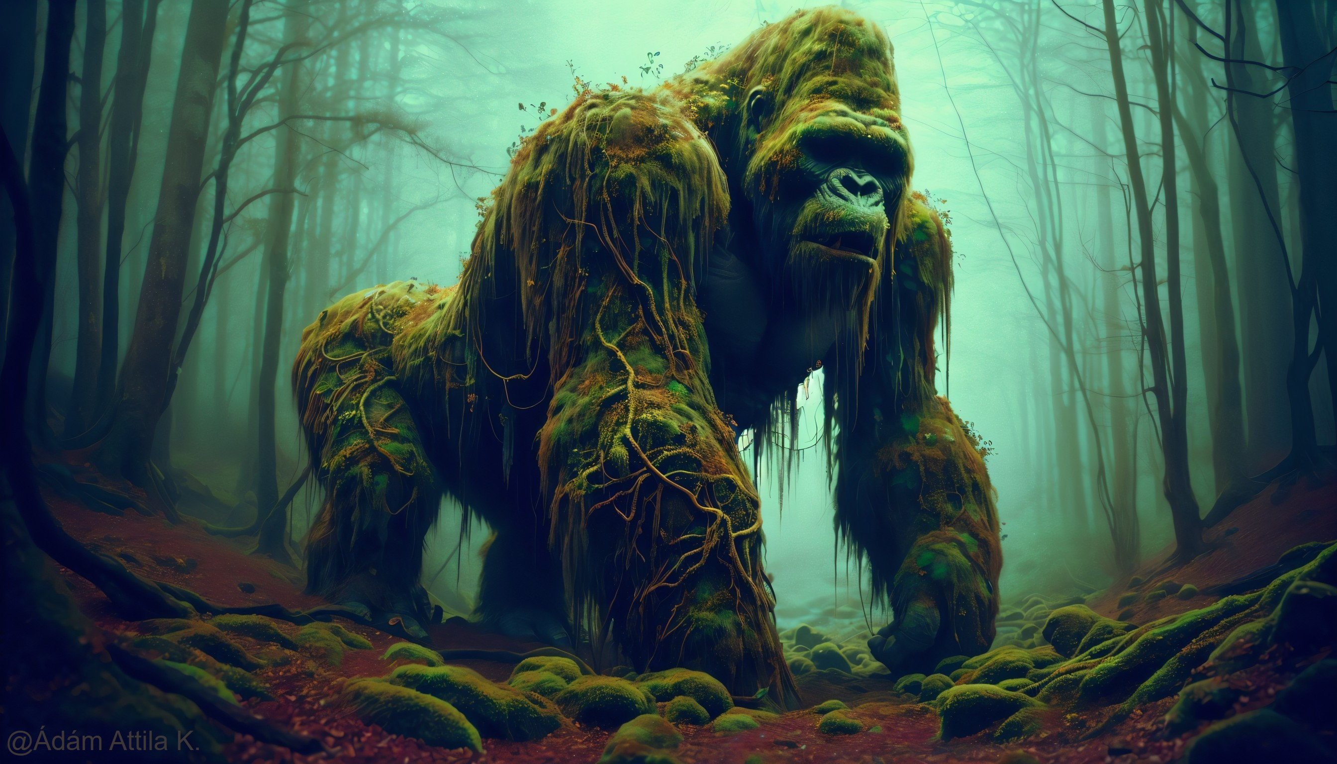Mythical gorilla in misty forest with lush greenery