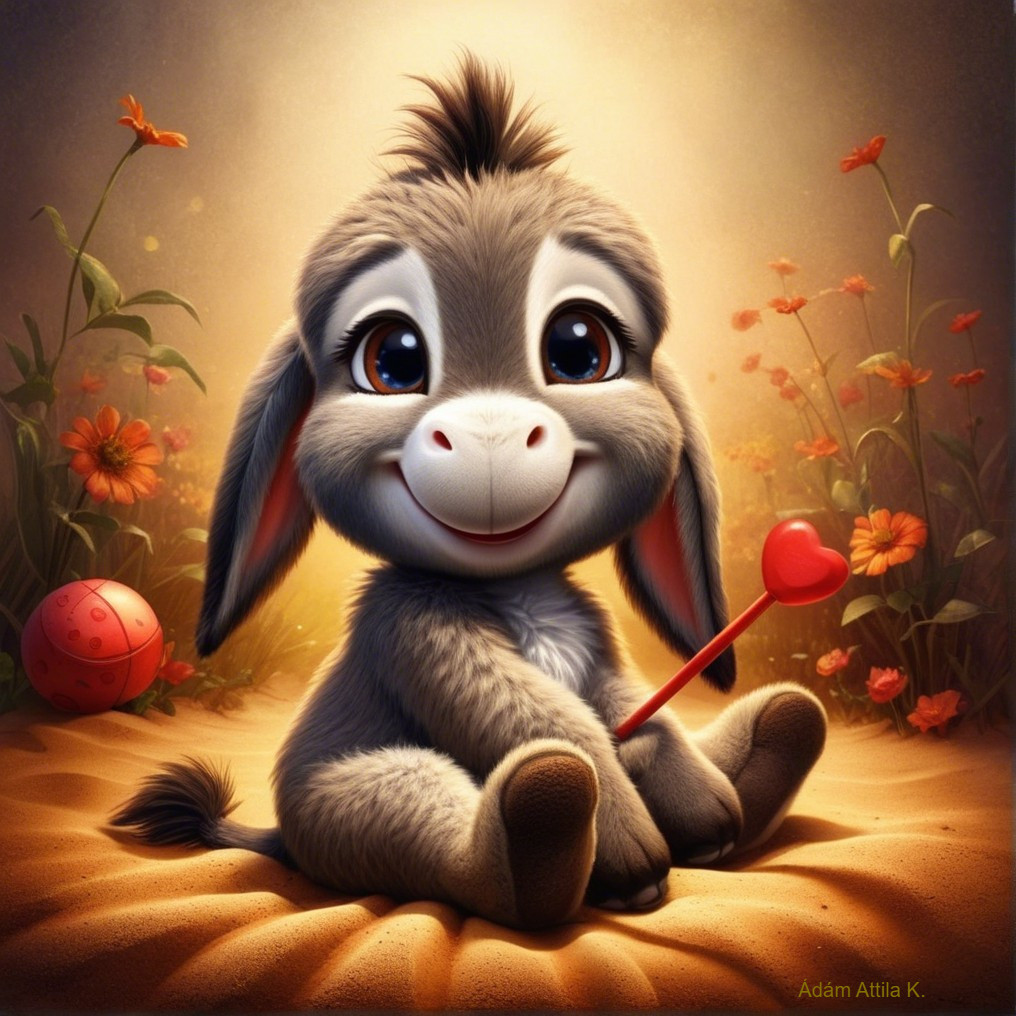 Cartoon Gray Donkey in Flower Field with Heart Arrow