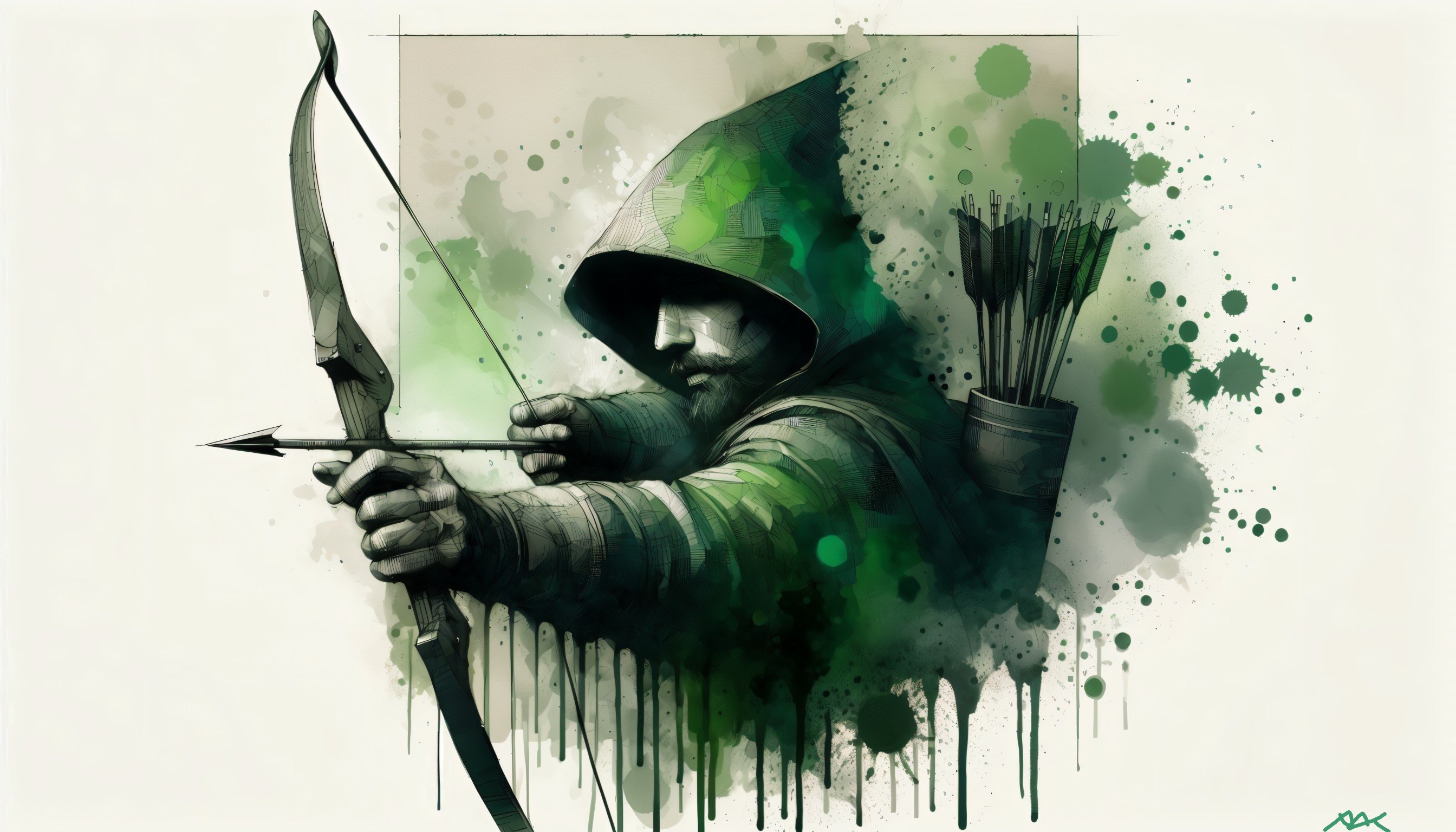 Mysterious Archer in Green Cloak with Abstract Background