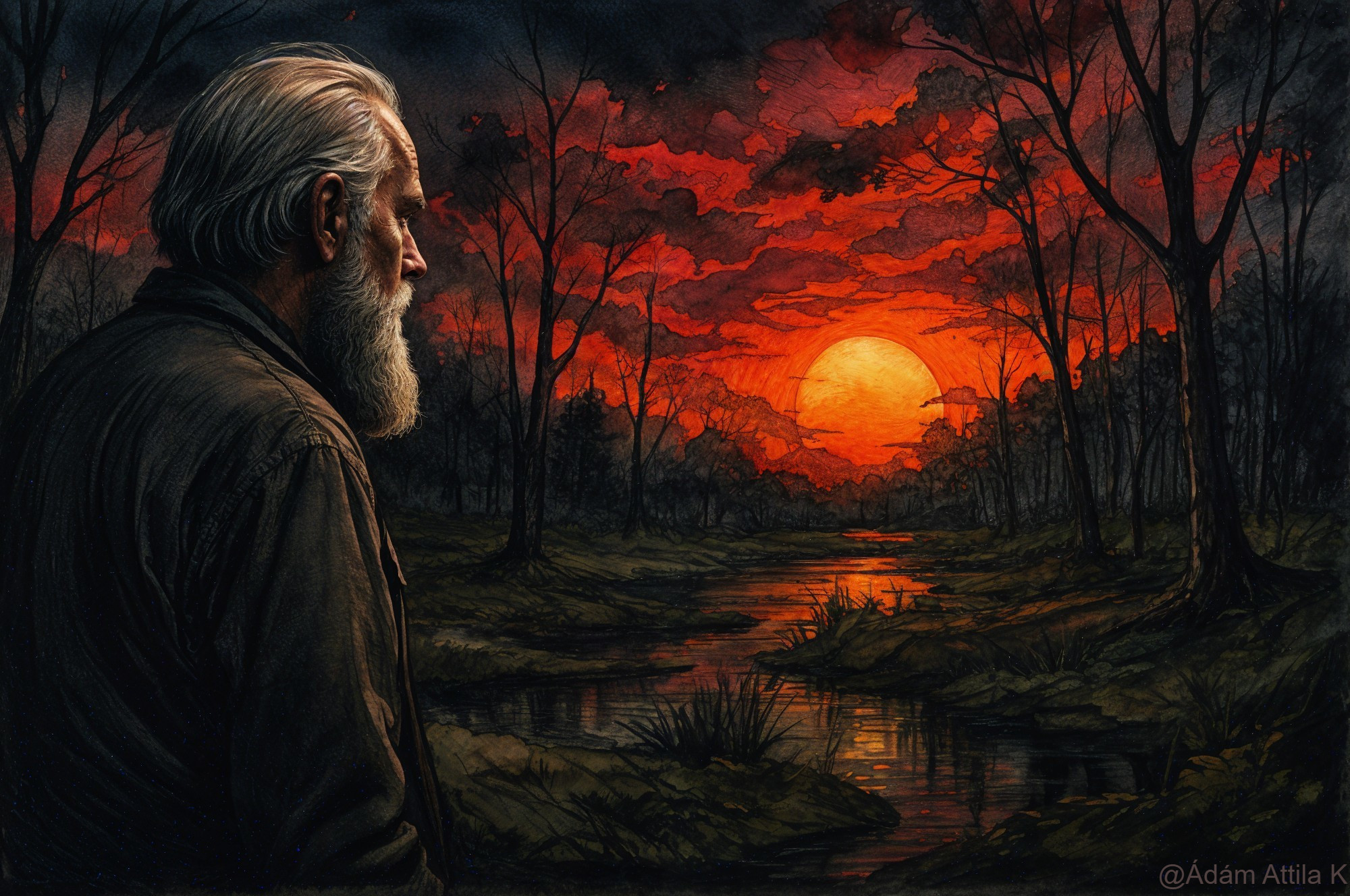 Elderly Man Contemplating Sunset Over Calm River