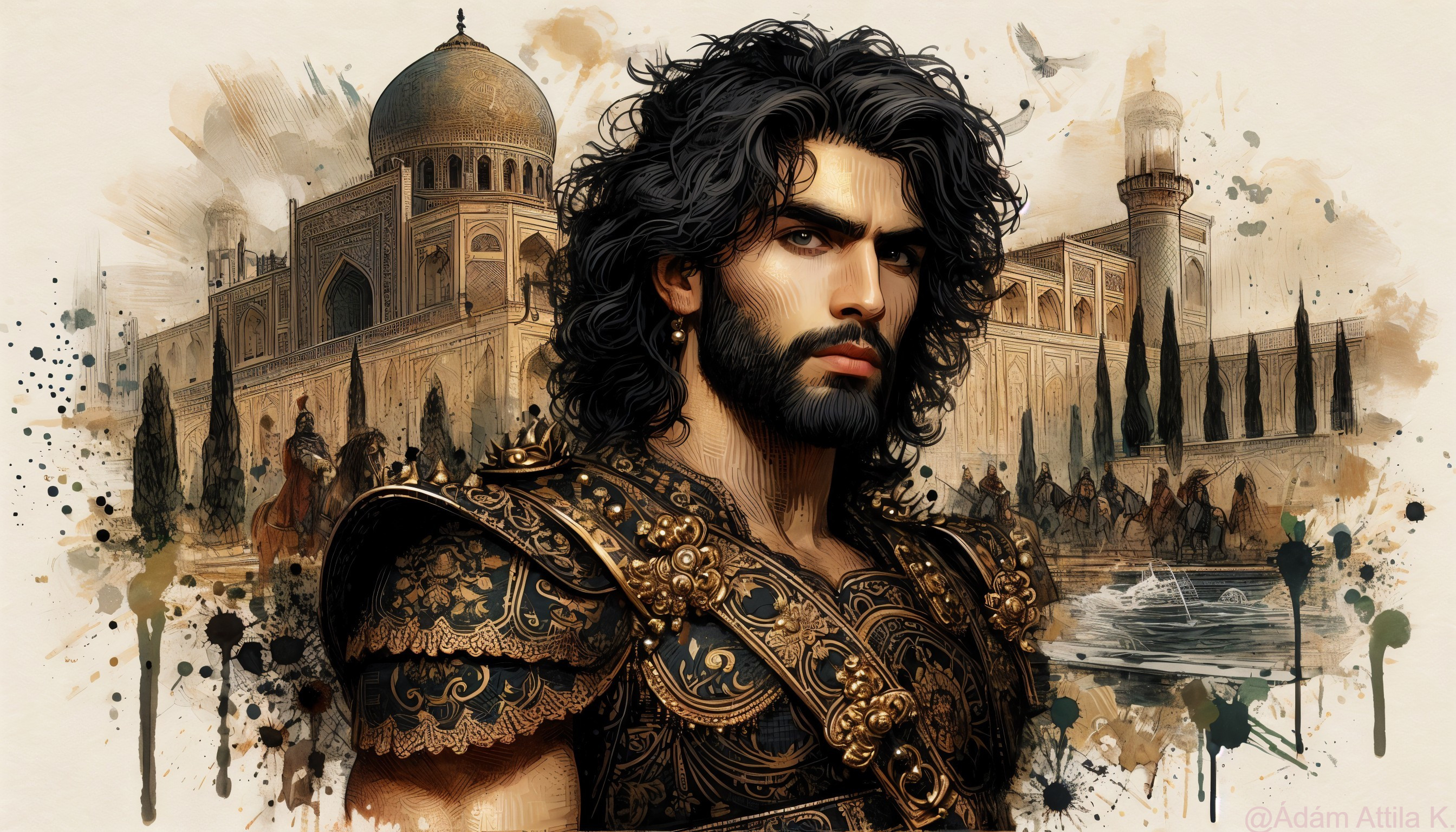 Striking Figure in Ornate Armor Against Majestic Backdrop