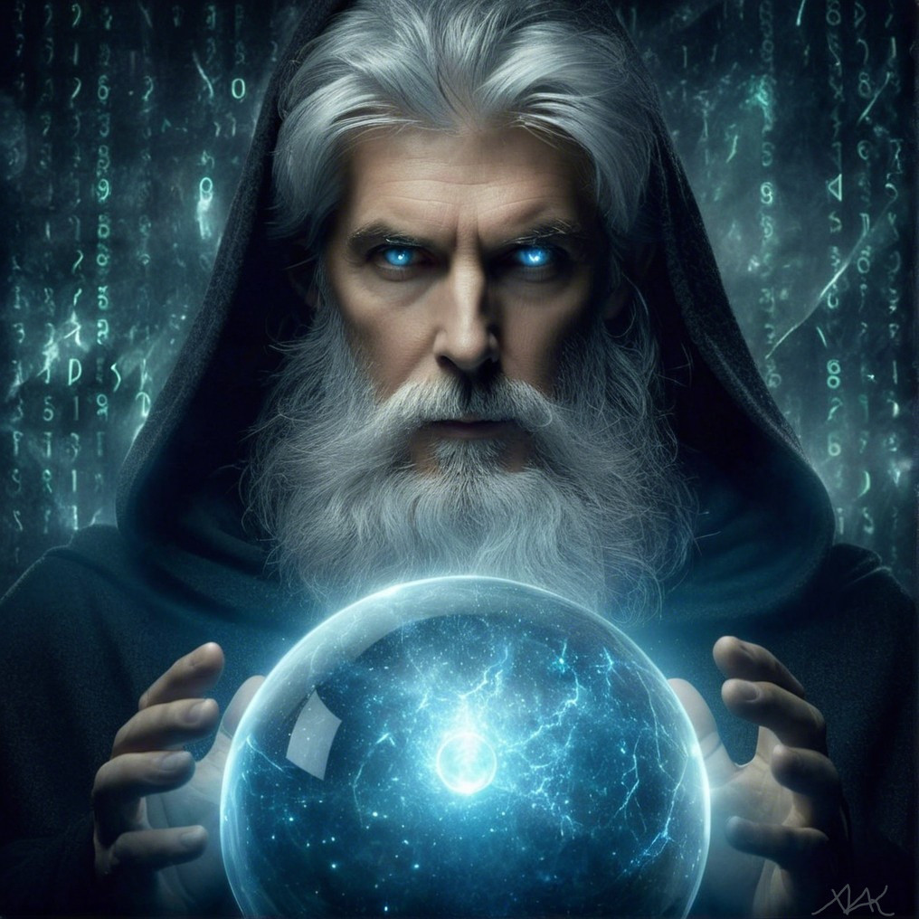 Mystical Figure with Crystal Ball and Digital Code
