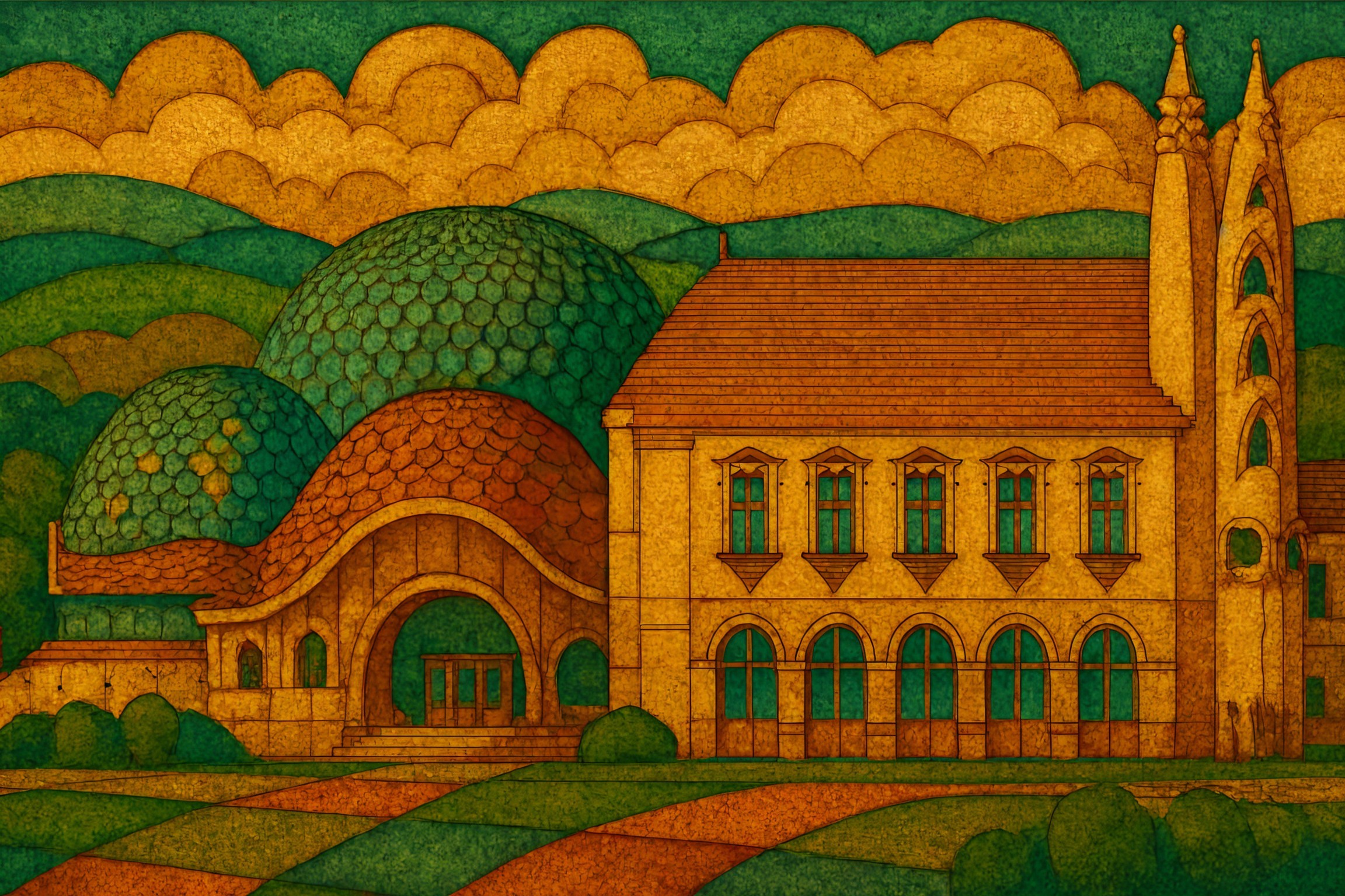 Whimsical Architectural Scene with Warm Color Palette