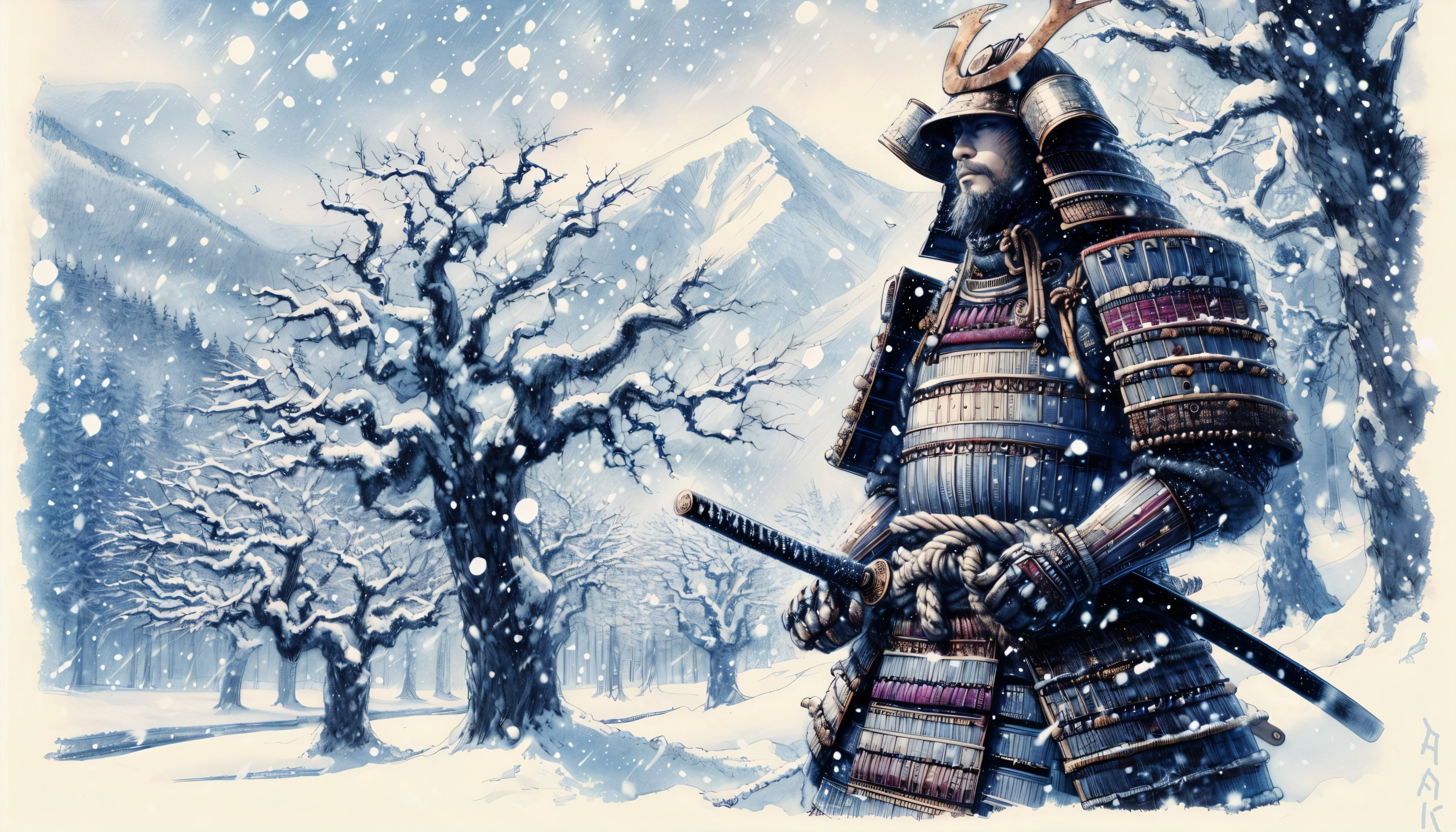 Majestic Samurai in Snowy Landscape with Katana