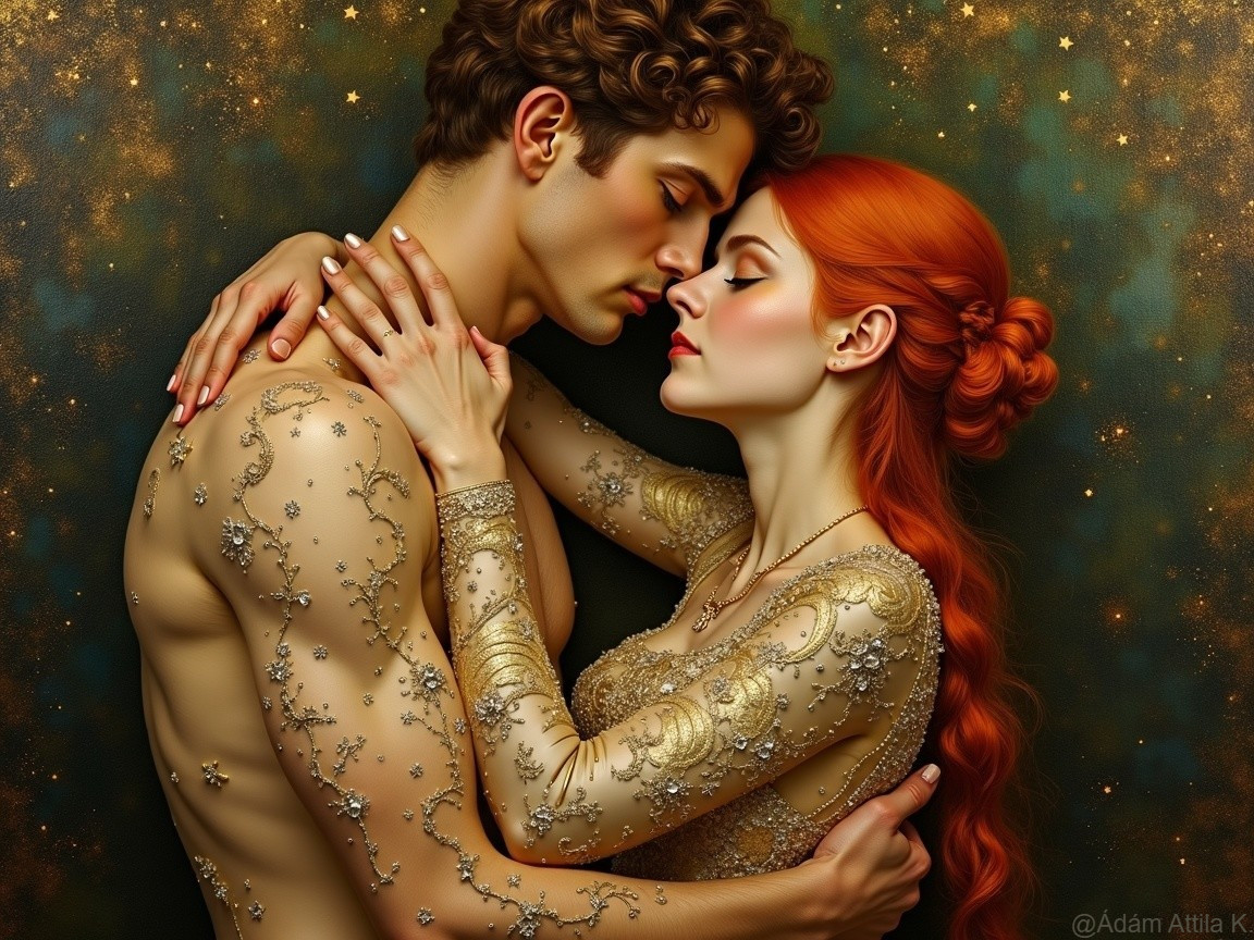Couple Embracing with Starry Background and Gown