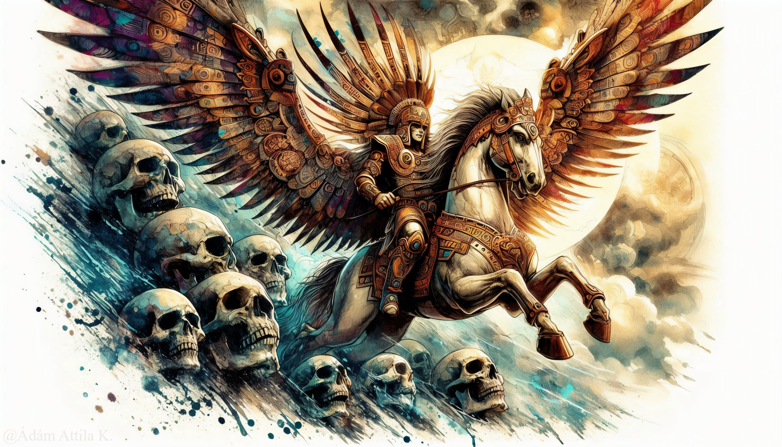 Majestic warrior on steed with vibrant wings and skulls