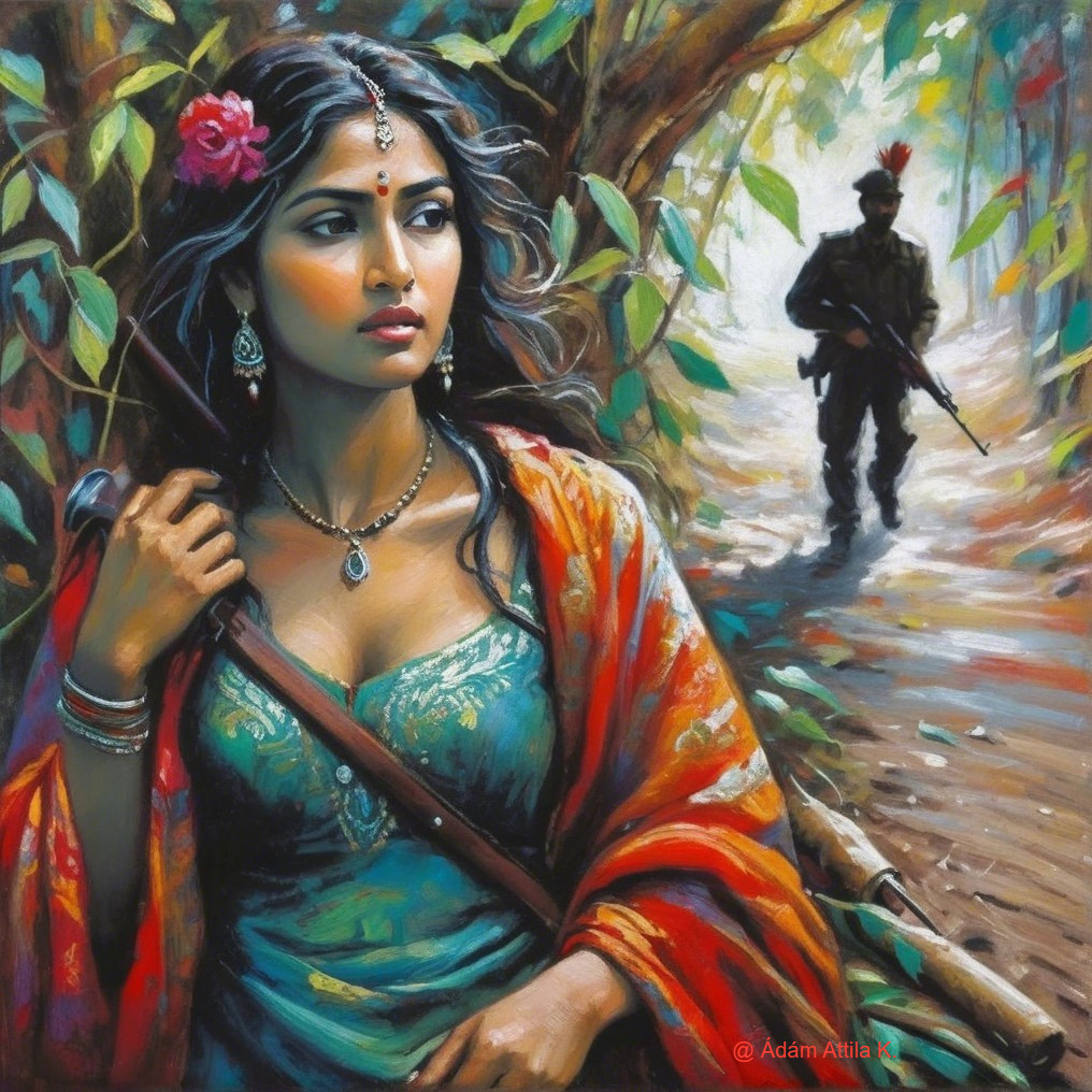 Woman in Traditional Attire in Lush Forest Setting
