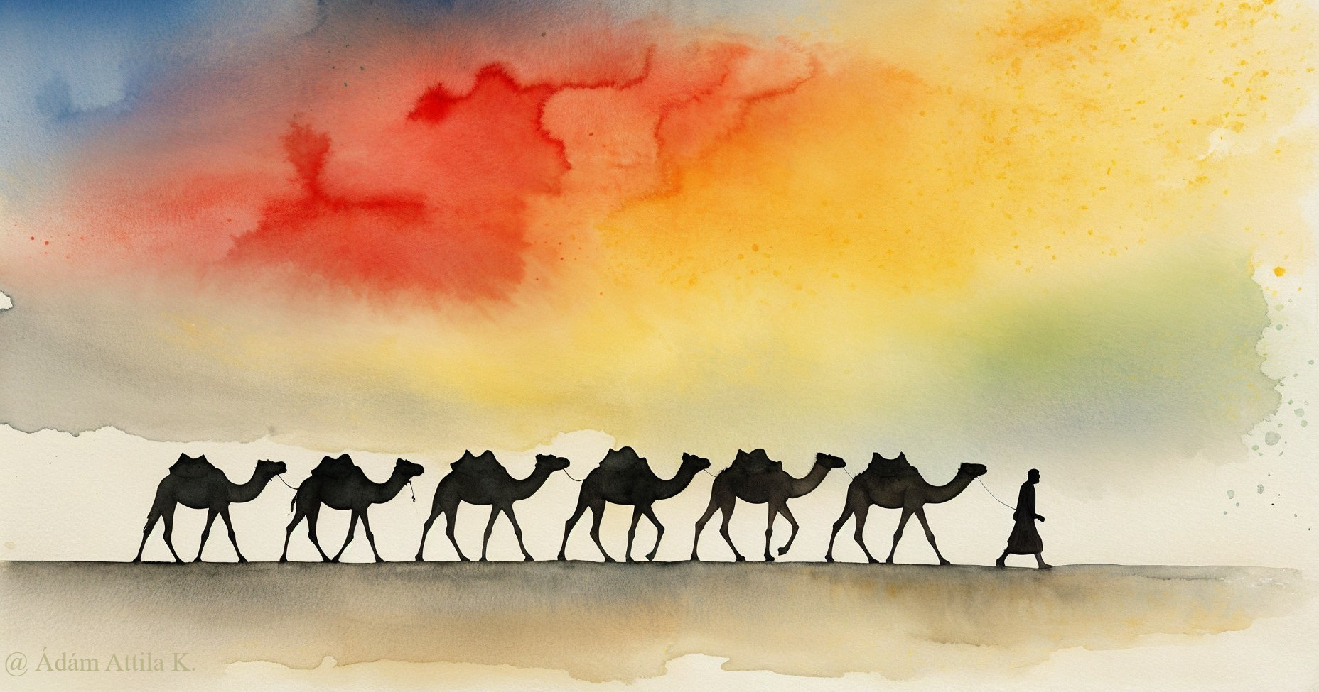Silhouette of Camels Against a Vibrant Sky