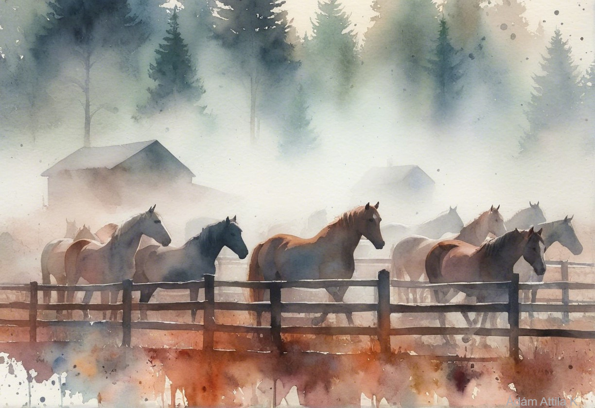 Watercolor Painting of Horses in a Misty Landscape