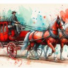 Vibrant Illustration of a Red Carriage and Horses