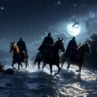 Silhouetted Horsemen on Moonlit River at Night