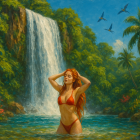 Tropical Waterfall Scene with Woman in Bikini