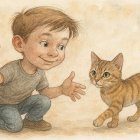 Young Boy Joyfully Interacting with a Tabby Kitten