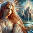 Elegant woman in gown with castle and crystal scenery