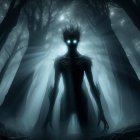 Tall figure in shadowy forest with glowing blue eyes