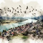 Aerial View of a Quaint Village by a Winding River
