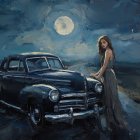 Vintage Scene with Classic Car and Moonlit Road