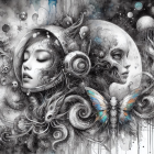 Monochromatic Fantasy and Sci-Fi Illustration with Faces