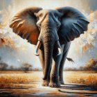 Elephant in Golden Savanna Landscape with Abstract Background