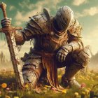 Knight in Cracked Armor in Flower Field Landscape