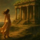 Woman in Golden Gown at Ancient Temple Steps