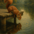 Squirrel on Dock Observing Its Reflection in Water