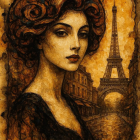 Elegant woman with voluminous hair at Eiffel Tower