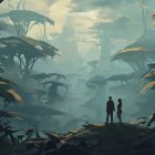 Fantasy Digital Painting of Figures on Misty Platform