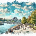 Watercolor Scene of Budapest's Riverside Walkway