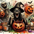 Whimsical Halloween Scene with Witch and Jack-o'-Lanterns