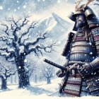 Majestic Samurai in Snowy Landscape with Katana