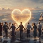 Group Holding Hands on Cliff with Heart-Shaped Cloud
