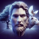 Bust of a man with wireframe and stone features