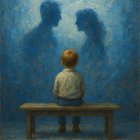 Young boy on bench gazes at blue silhouettes in art