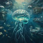 Surreal Underwater Scene with Jellyfish and Objects