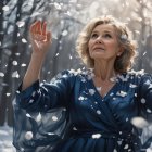 Golden-Haired Woman in Blue Kimono Surrounded by Petals