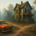 Abandoned Village with Overgrown Nature and Rusting Vehicles