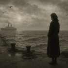 Solitary Figure on Misty Pier with Turbulent Waters