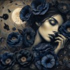 Serene Woman Surrounded by Blue Flowers and Butterflies