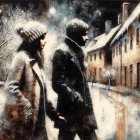 Winter Street Scene with Couple in Oil Painting