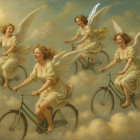 Joyful figures with wings riding bicycles in clouds